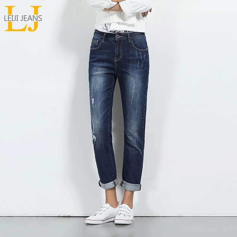 

2019 LEIJIJEANS Spring Plus Size Ripped Bleach Moustache Mid Waist Full Length Casual Stretch Denim Straight Jeans For Women