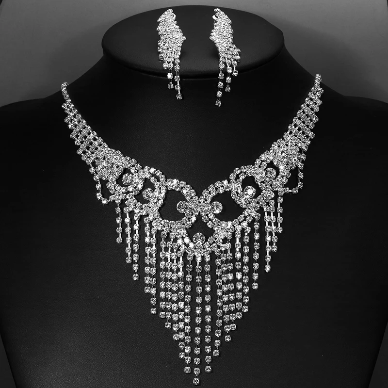 Crystal Wedding Bridal Jewelry Sets Silver Color Rhinestone Wedding
