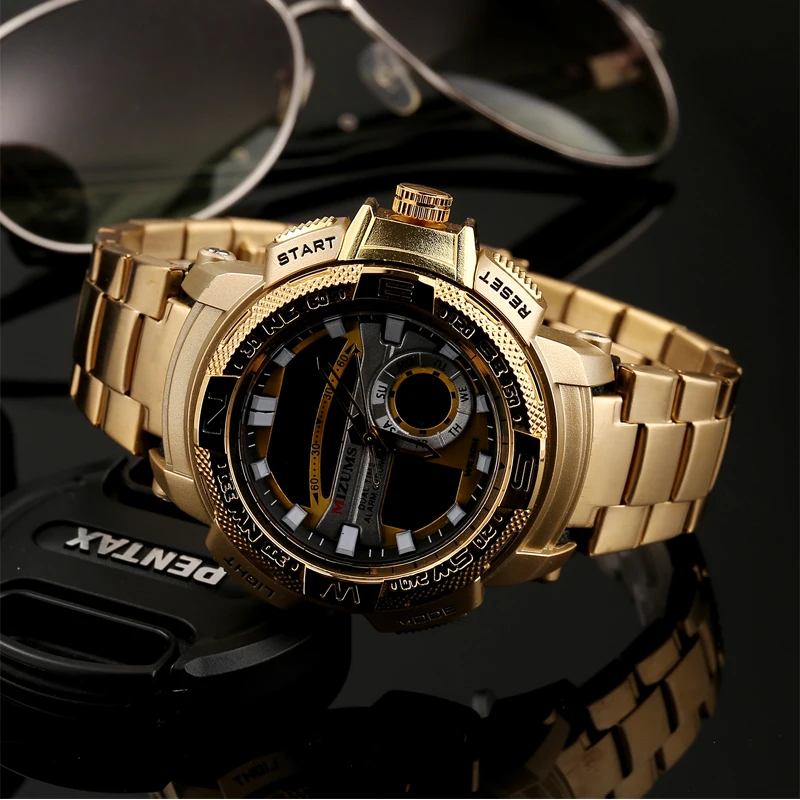 Baratos Relojes de pulsera militares MIZUMS reloj deportivo Digital LED para hombre, banda de acero inoxidable dorado, reloj de cuarzo de doble hora, reloj Masculino