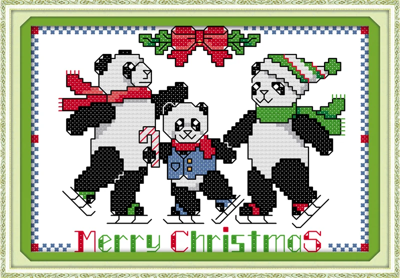 Christmas pandas cross stitch kit 14ct 11ct count print canvas stitches