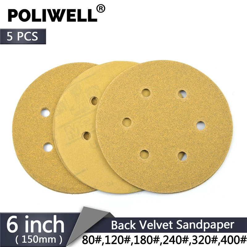 

POLIWELL 5PCS 6 Inch 150mm Sanding Discs Flocking Sandpaper 6 Holes 80/320/400 Grit Abrasive Paper for Car Automotive Polishing