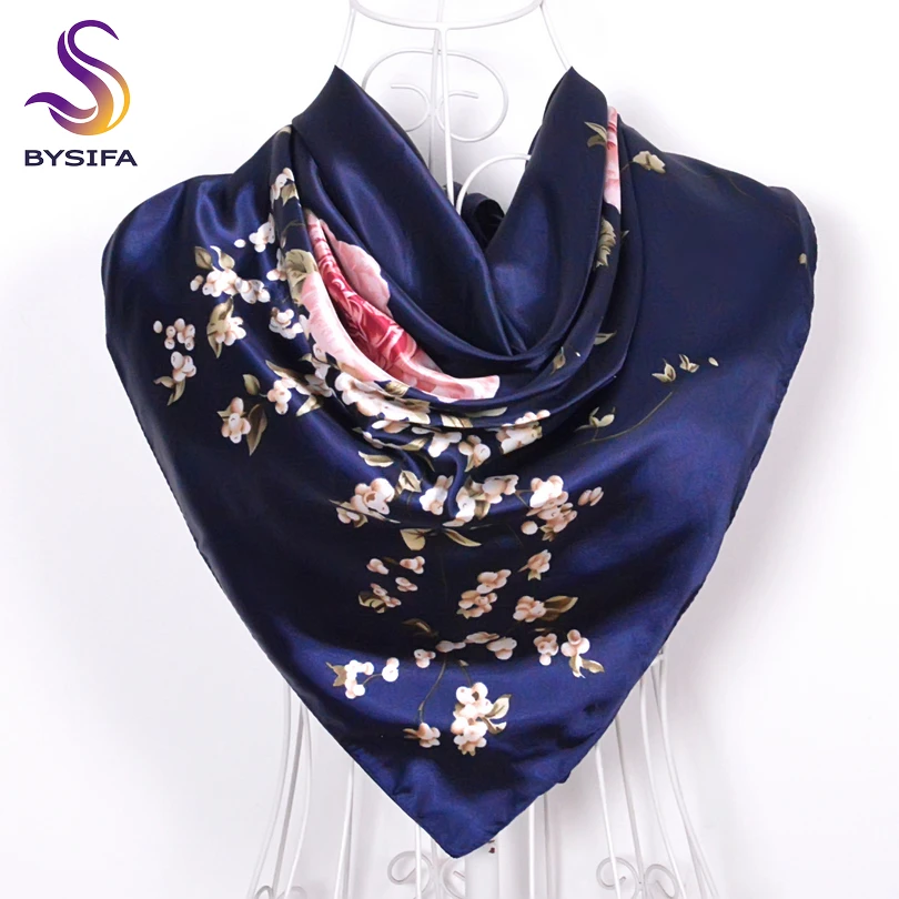 [BYSIFA] Темно-синие китайские розы Большой площади шарфы Новый женский элегантный большой шелковый шарф модные женские аксессуары 90*90 см