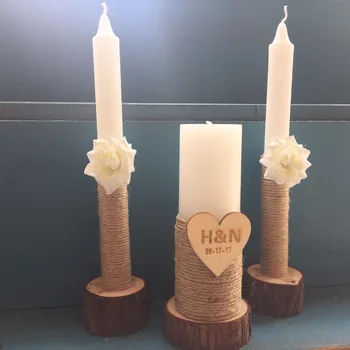 

Custom Wedding Unity Candles Set of 3 with Wooden Holder, Custom Wedding Candles, Personalized Rustic Wedding Candles