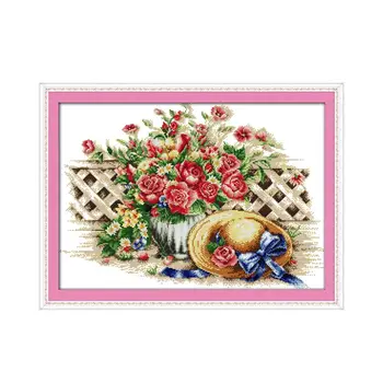 

Warm roses hat cross stitch kit DIY needle. Line. Embroidered cloth. Drawing a full set of materials package embroidery