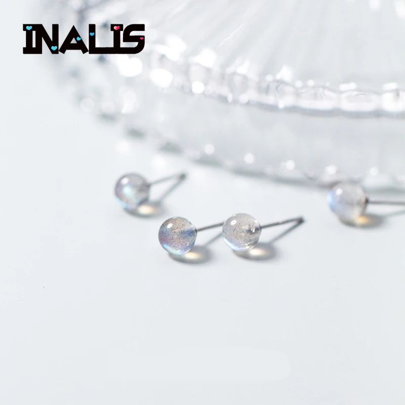 

INALIS Cute New Arrival S925 Sterling Silver Ear Pins With Single Round Moonstone Stu Earrings Best Birthday Gift for Friend