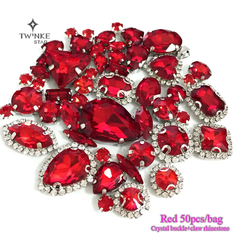 

Red color Mix shape mix size Crystal buckle+claw rhinestone,Silver base galss sew on stones diy/Clothing accessories 50pcs/pack