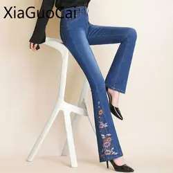 Этническая Вышивка Цветы Для женщин брюки микро-ra джинсы для девочек Slim Высокая Талия Вышитые расклешенные с широкими штанинами брюк