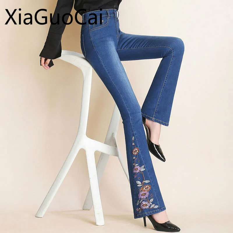 

Ethnic Embroidery Flowers Women Pants Micro-ra Jeans for Girls Slim High Waist Embroidered Flared Wide Leg Pants