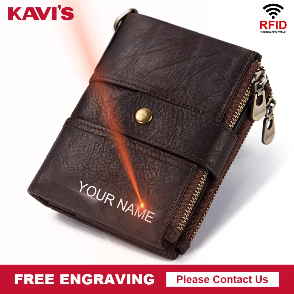 KAVIS натуральная кожа Бесплатная гравировка качество Rfid кошелек мужские кошельки