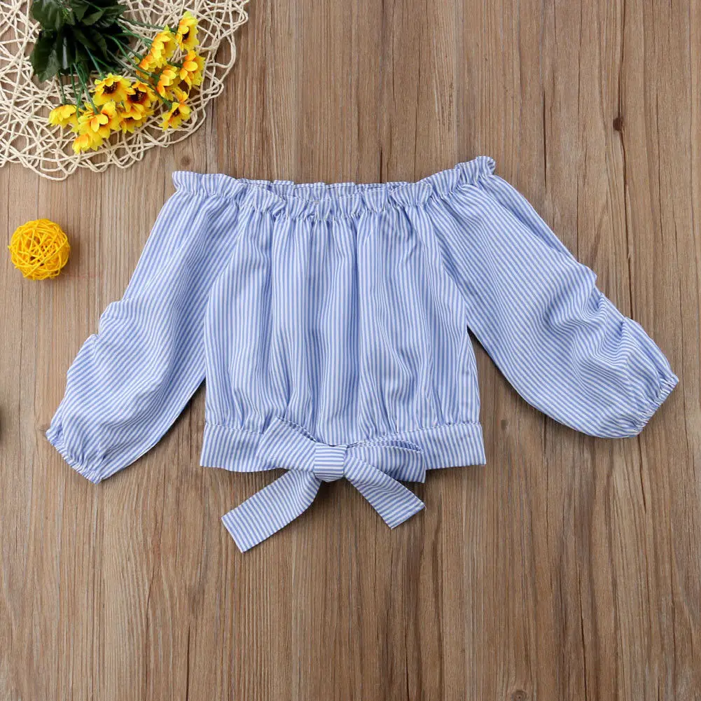 

Long Sleeves Kids Baby Girls Striped Ruffled Off-shoulder Blouse Tops Casual T-Shirt Autumn New Children Clothes