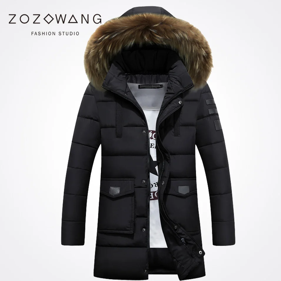 

Zozowang new 2017 solid hooded faux fur collar fashion winter jacket men keep warm zipper pocket loose winter coat men