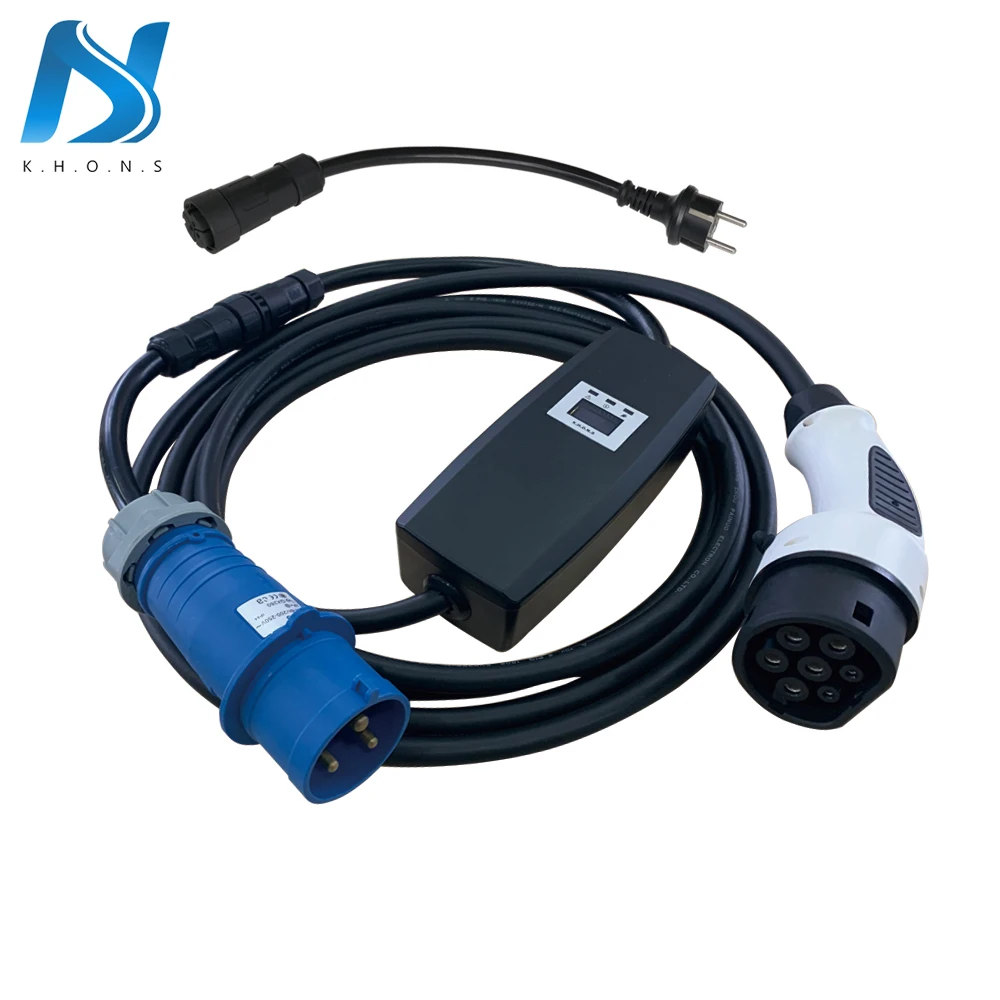 Khons EVSE 8 16 32A регулируемый синий CEE Schuko адаптер вилка IEC62196 Тип 2 5 м 16Ft кабель Электрический автомобильный кабель для зарядки аккумулятора с евровилкой