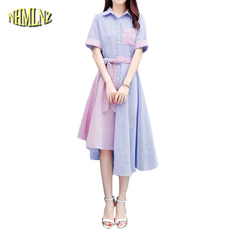 

2019 Summer Stripe Patchwork Color Dress For Women Large Size 4XL Temperament Slim Dress Short Sleeve Shirt Dress Female DAN262