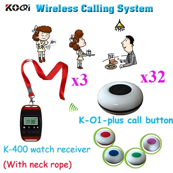 K-400+K-O1plus 3+32 Wireless Call System Digital Vision Watch  Receiver K-400 With 4 Key Waterproof Button(3pcs watch+32pcs call button)