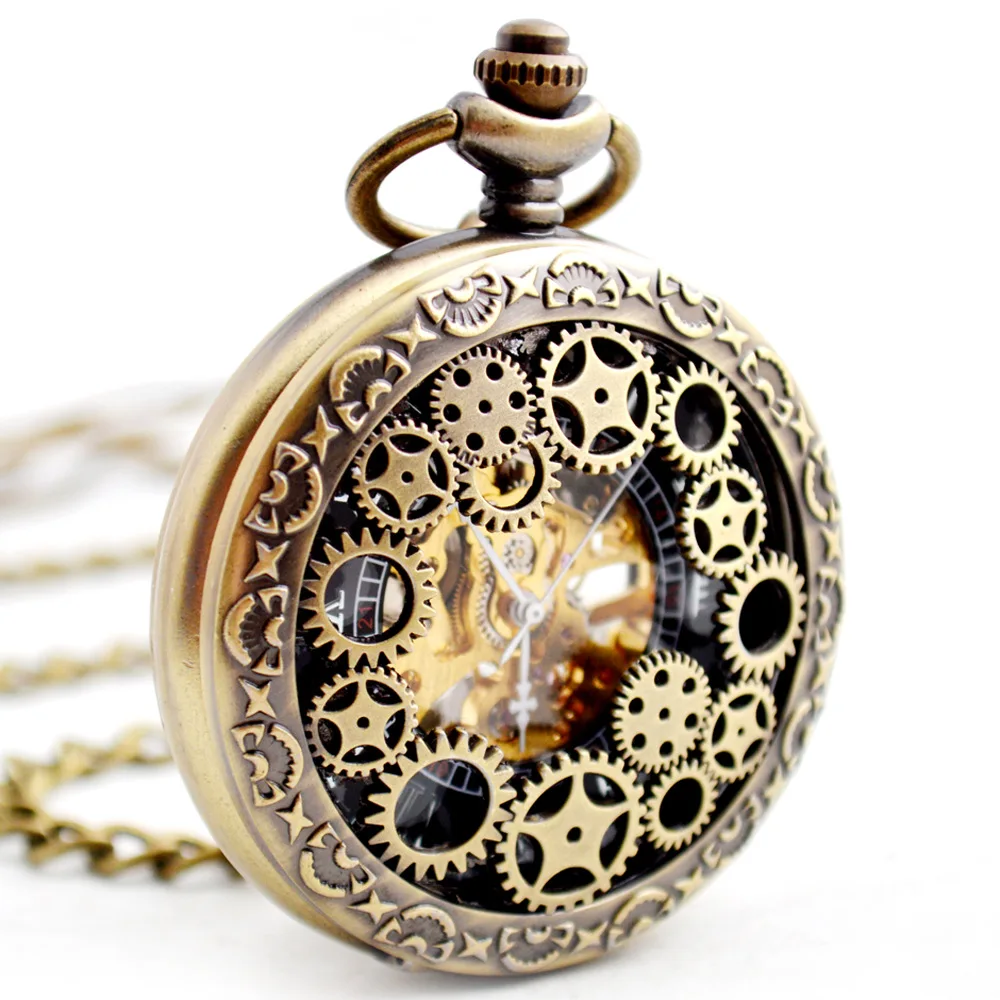 2019 New Vintage Bronze Steampunk Mens Mechanical Pocket Watch Hollow
Gear FOB Pocket Watches with Chain Men's Jewelry Gift
