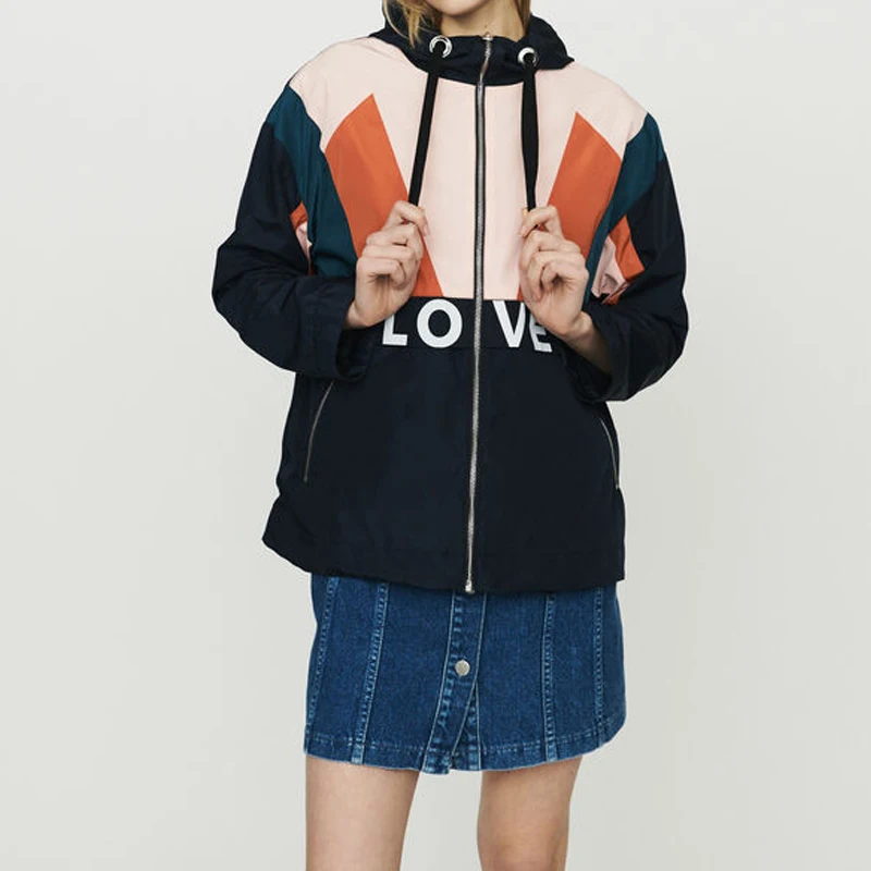

Women Jacket 2019 Spring and Summer Color Zipper Drawstring Elastic Letters Casual Baseball Jacket