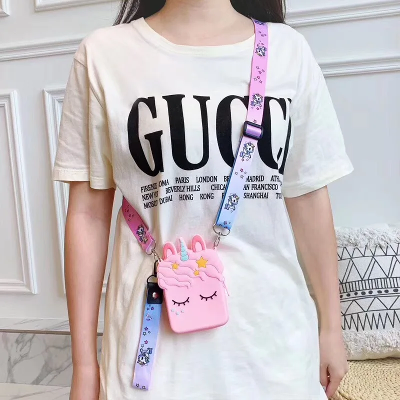 

Ultra fashion cute girl unicorn change mobile phone storage bag soft silicone zipper product with long short rope lanyard Capa