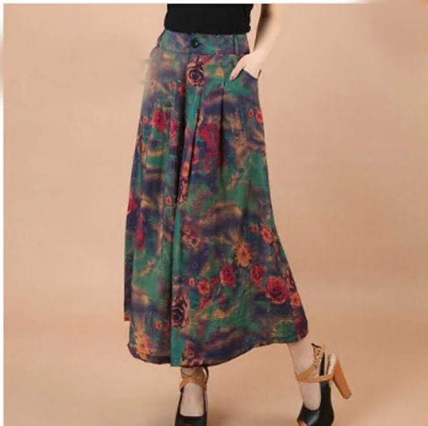 Большие размеры, летние женские свободные льняные брюки с цветочным рисунком, женская повседневная юбка, брюки, юбка-брюки N597 - Цвет: shui cai