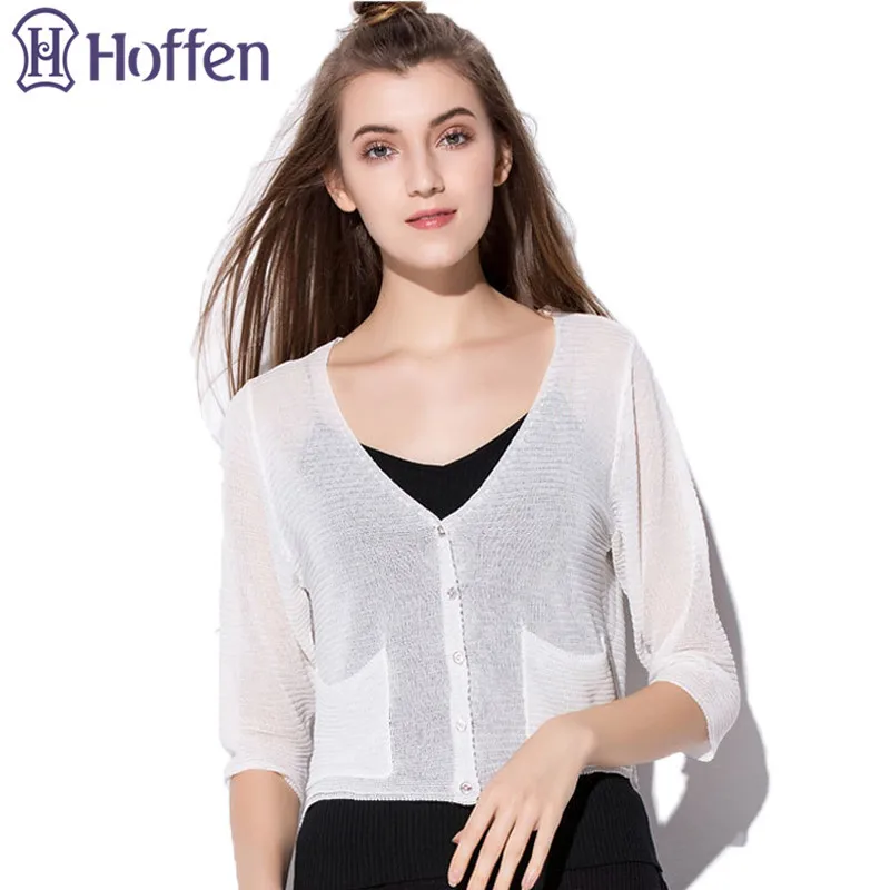 Hoffen Hot Sale Womens Summer Knitted Cardigan Sun Protection Clothing Air Conditioning Knit Solid Loose Casual Outwear |