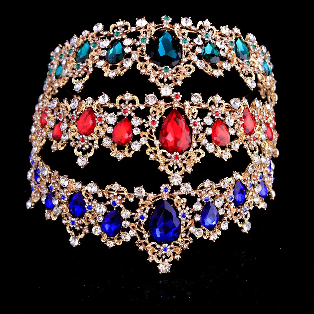 Корона в стиле барокко, красный, синий, зеленый кристалл, свадебная корона-тиара, винтажные золотые аксессуары для волос, свадебные стразы, диадема, пышные короны