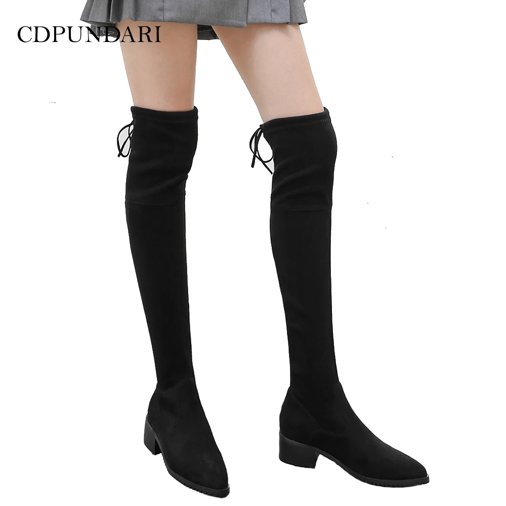 

CDPUNDARI Stretch Fabric Low heel over the knee boots women Lace Up thigh high boots Winter shoes woman