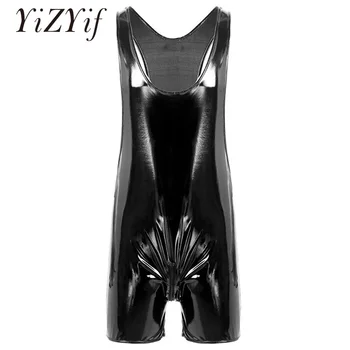 

YiZYiF Mens Wetlook Bodysuit Sexy Zentai catsuit Patent Leather Sleeveless Zipper Crotch One-piece Leotard Bodysuit Clubwear