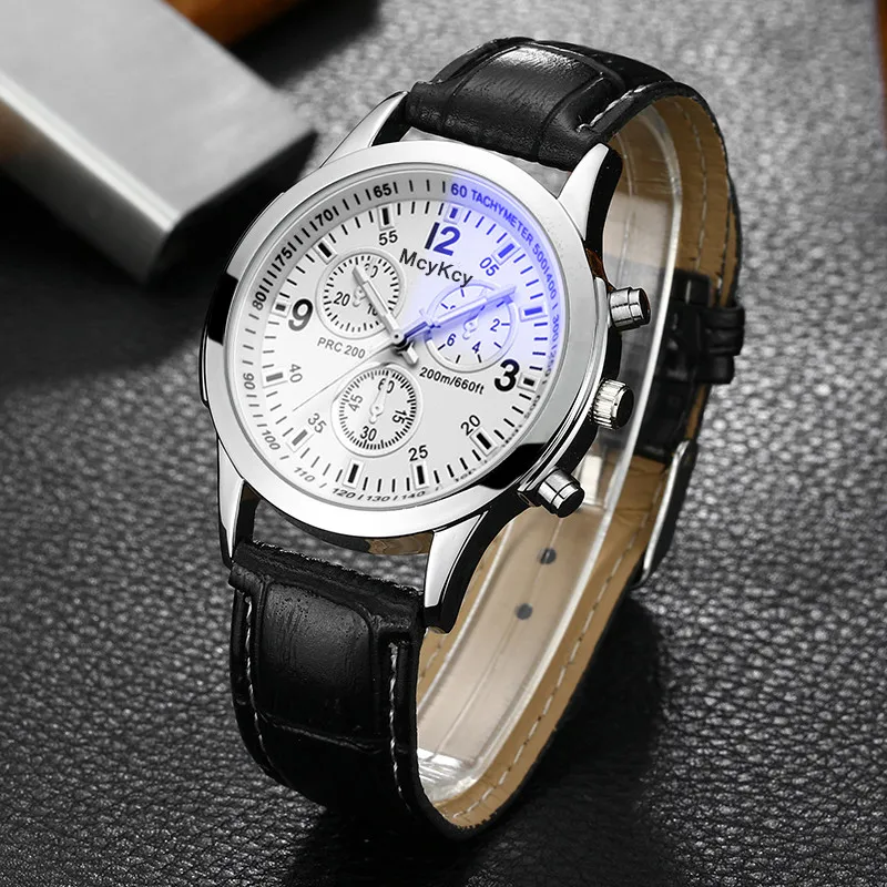 Luxury Men's 3-Eyes Blue Glass Watches Men Fashion Business Genuine Leather Quartz Watch Casual Wristwatch Relogo Masculino 