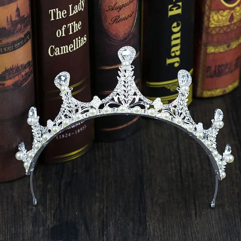 

Silver Alloy Crystal Inlaid Tiara and Crown Pearl Rhinestone Bride Diadem Headpiece Wedding Accessories Bridal Hair Jewelry JL