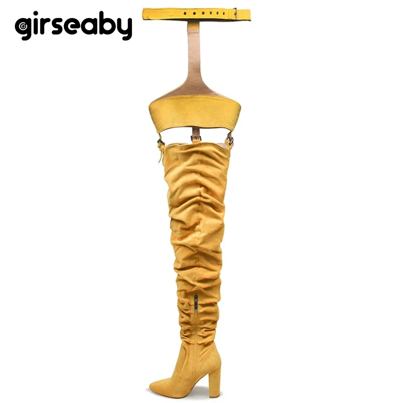 Koop Girseaby Rihanna Stijl Over de Knie laarzen voor Vrouwen Schoenen Wees teen Geplooide Su egrave;de Hoge Hakken Lange Dij Hoge Laarzen zwart Sexy