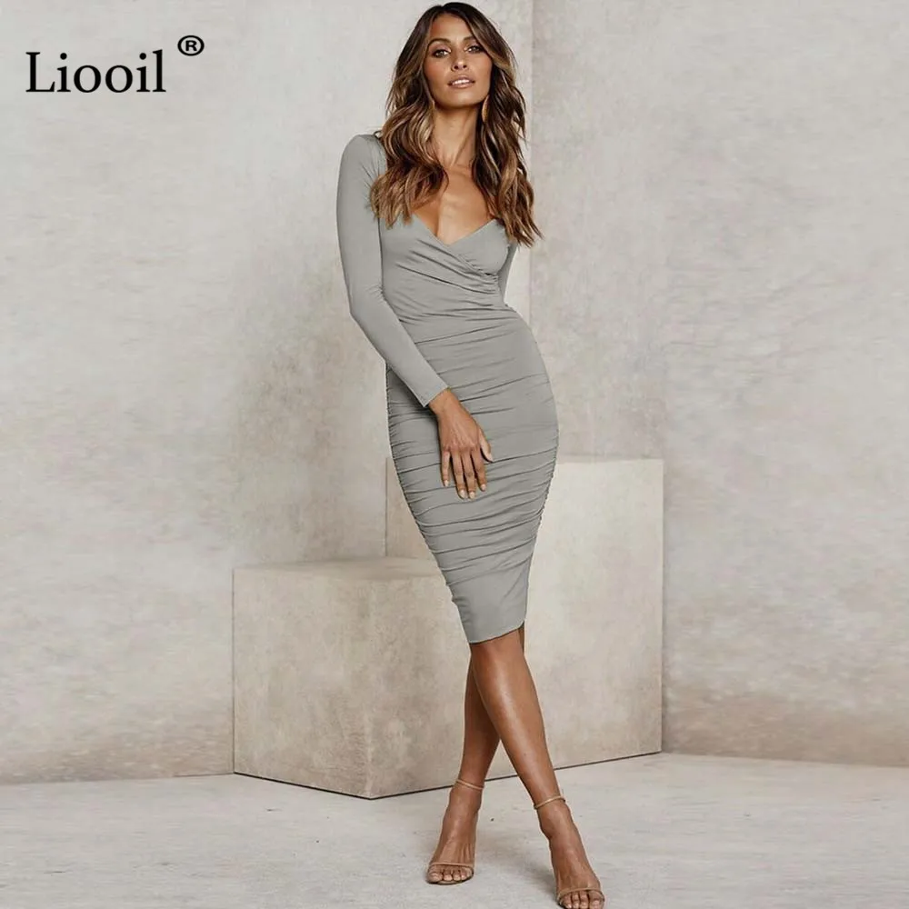 Liooil Fall Sexy V Neck White Midi Bodycon Dress Women Autumn Winter Stretchy Long Sleeve Club Party Tight Fitted Dresses