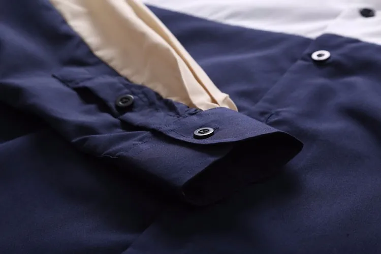 2016 Винтаж контрастного цвета в стиле пэчворк мужская одежда Рубашки для мальчиков с длинным рукавом Slim Fit Повседневное социальный Camisas