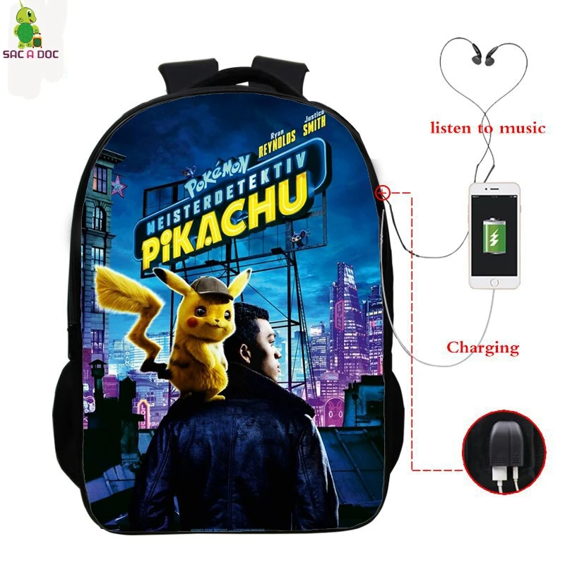 Pokemon Detective Pikachu USB Рюкзак 16 дюймов школьные рюкзаки для подростков мальчиков и девочек рюкзак Пикачу рюкзак для ноутбука