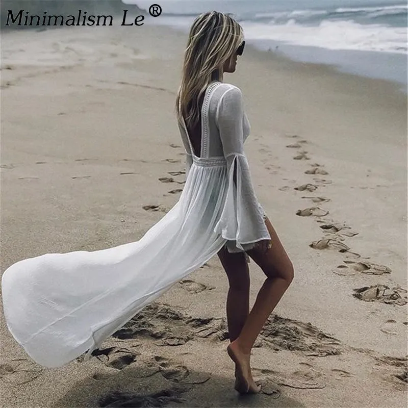 

Women Solid Cover Up Long Sleeve White Beach Dress Sexy Backless Bikinis Bandage Swimsuit Swimwear Female Tunic Ropa De Playa