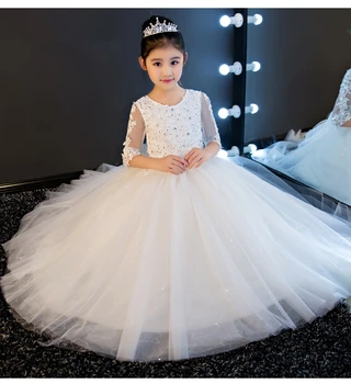 

Elegant Girls White Lace Wedding Dress Sequin Big Bow Tulle Princess Birthday Dress First Communion Gown for Girls