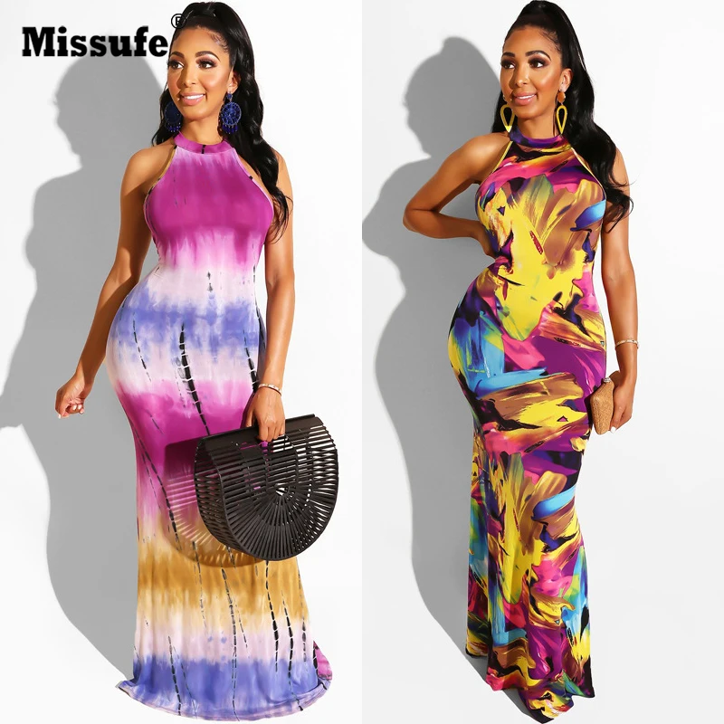 

Missufe Off Shoulder Sexy Tie Dyeing Dress Bodycon Swing Vestidos Hollow Out Elegant Sundress Halter Graffit Print Women's Dress