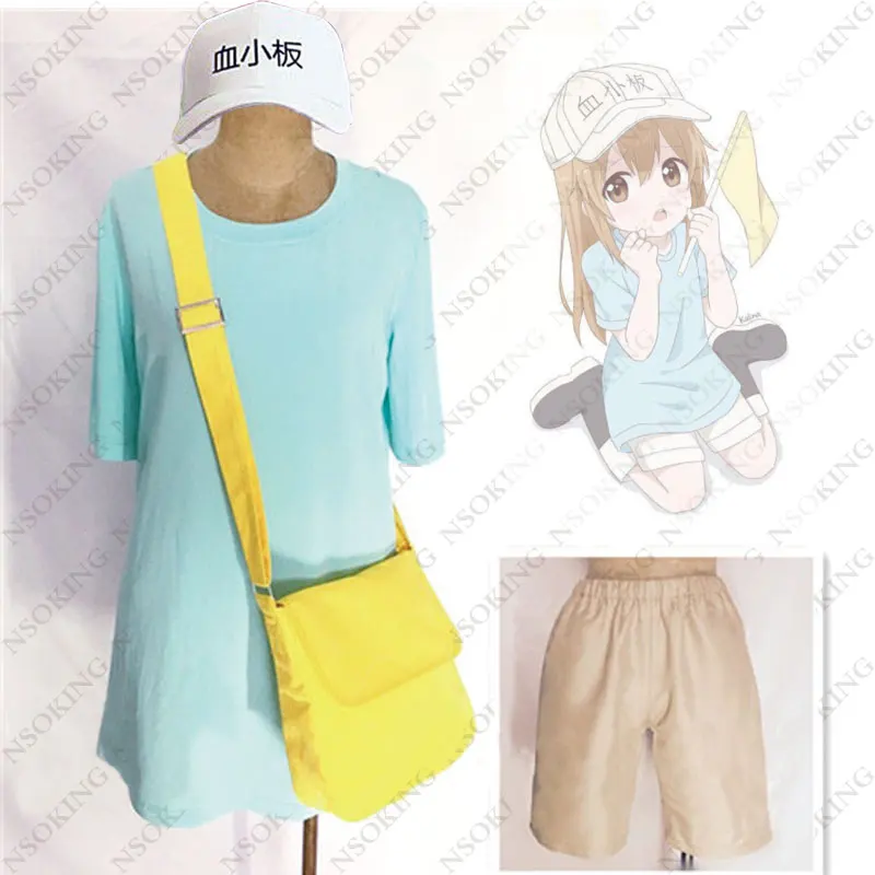 

Cells at Work Cosplay Costume Platelet Cosplay Hataraku Saibou Women Costume Anime T Shirt Shorts Hat yellow bag for Girl Dress