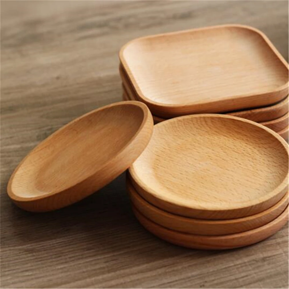 

Best Sale Vintage Wood Round Square Saucer Tray Dishes Cake Plate Home Serving Dessert Wooden Dinnerware Eco-friendly Tableware