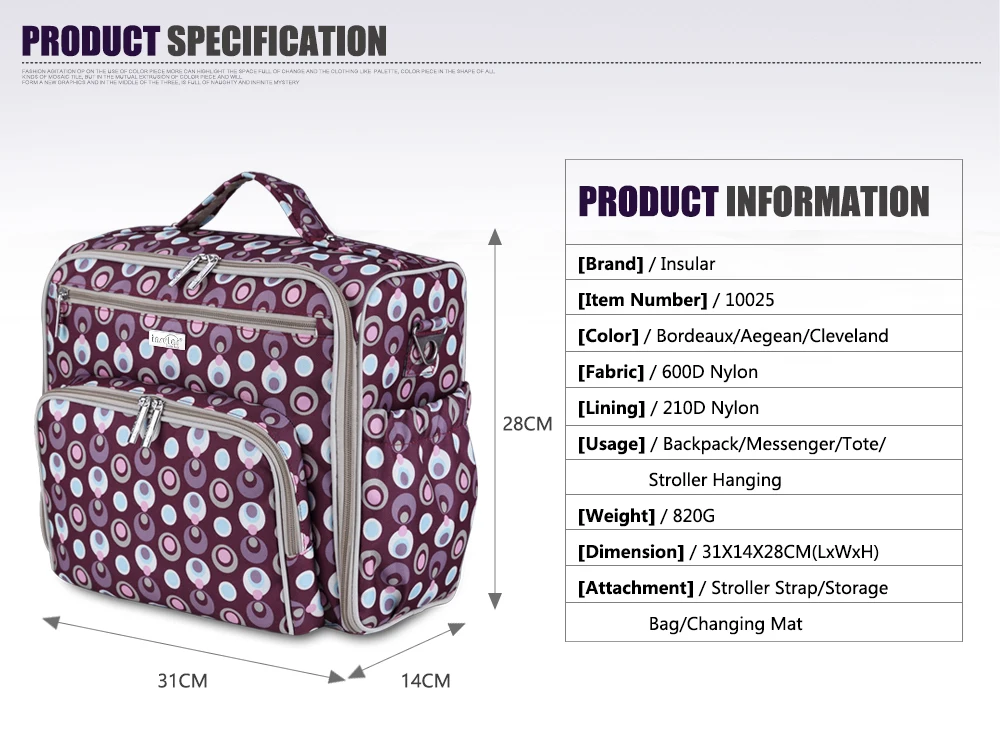 INSULAR дизайн стильная сумка для подгузников сумка для мамы сумка для подгузников дорожная Водонепроницаемая прочный большая ВМЕСТИТЕЛЬНОСТЬ