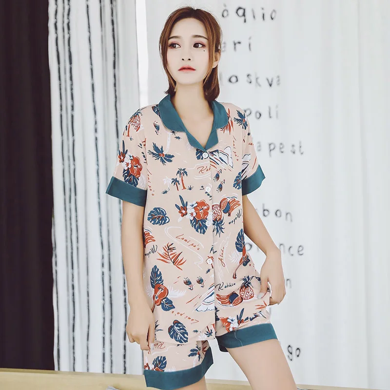

Ladies Pajama Set Cotton Satin Comfort Sleepwear Hawaiian Style Short-sleeve+Shorts 2Pcs Homewear Simple Style Women Casual Wear