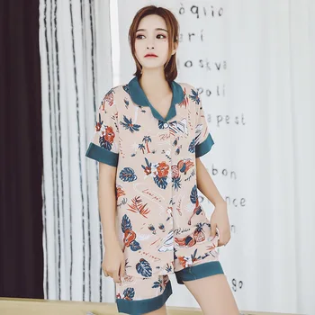 

Ladies Pajama Set Cotton Satin Comfort Sleepwear Hawaiian Style Short-sleeve+Shorts 2Pcs Homewear Simple Style Women Casual Wear
