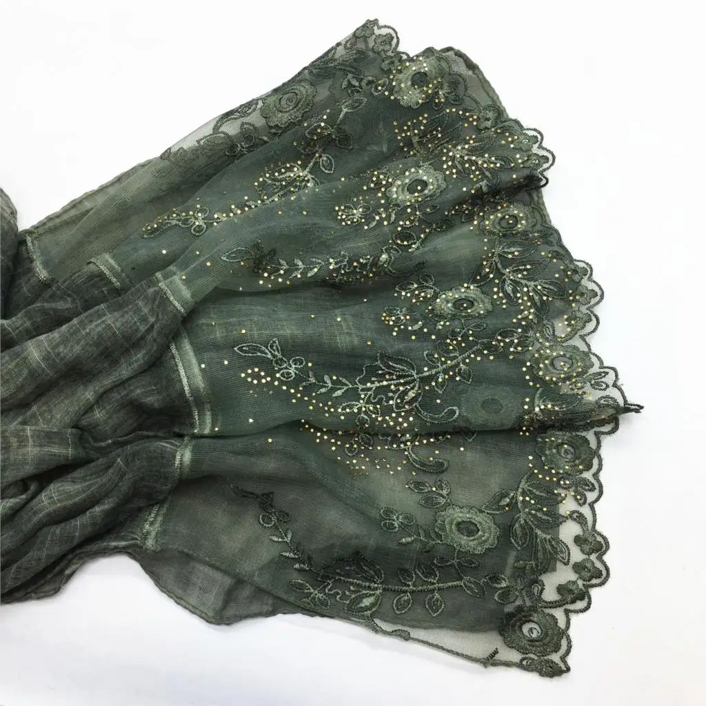 Модный высококачественный однотонный мягкий с одной стороны кружевной горячий сверлильный женский мусульманский шарф хиджаб бандана обертывания кашне
