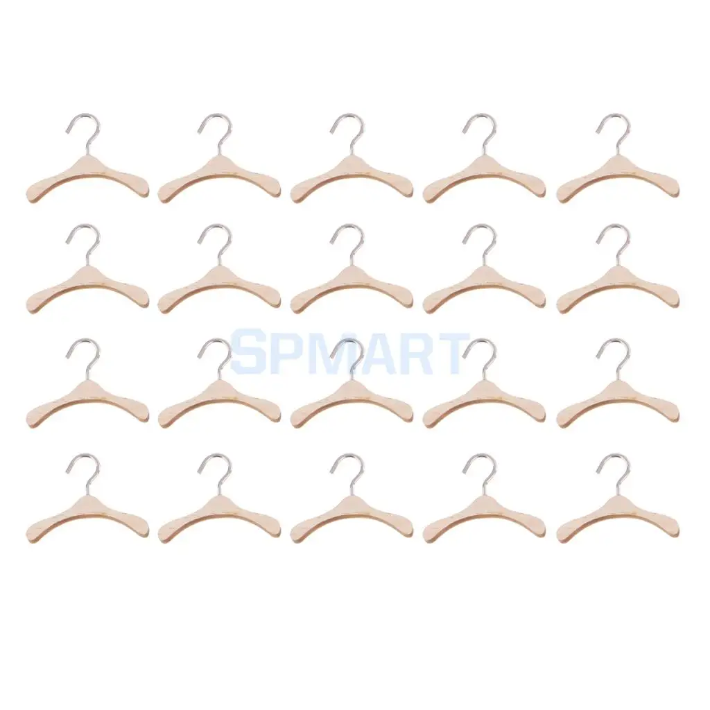 Set of 20 Dolls 6cm Wooden Clothes Hanger Metal Hook Coat Dress Clothes Organizer for Kurhn Dolls