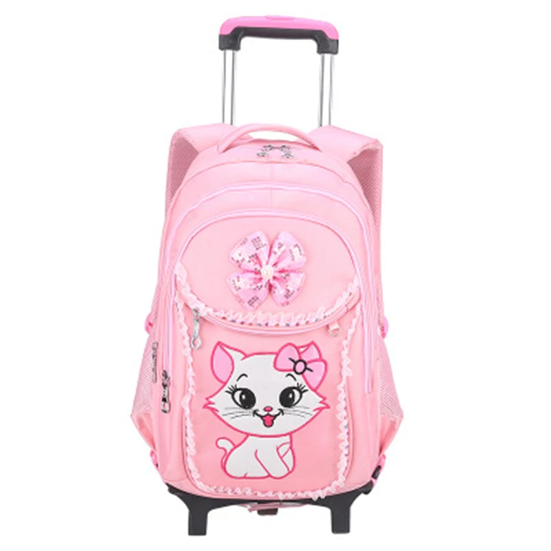 School Wheeled Backpack for Girls with Cute Cat Printing Rolling Backpacks Bag Kids School backpack On wheels Trolley Travel Bag
