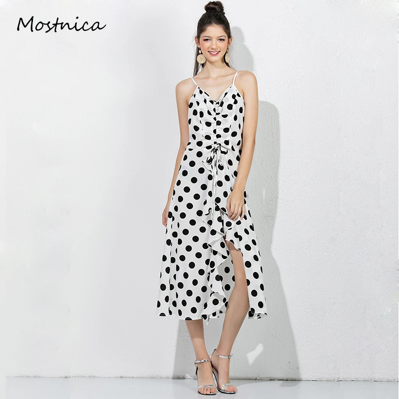 

Mostnica Boho Ruffle Women Polka Dot Spaghetti Strap Dresses for Summer Slit Strapless Midi Beach Slip Camisole Sundress Female