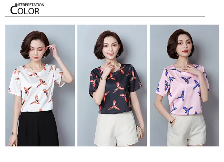 New Summer Tops Ladies 2018 Fashion Birds Print Blouses Women Short Sleeve Chiffon Blouse Shirt Casual Large Size Blusa Mujer Ete (1)