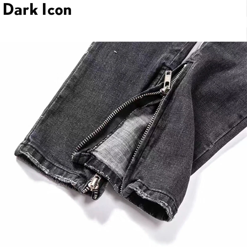 DARK ICON Pleated on Knee Men's Jeans 2018 High Street Motorcycle Denim Pants Men Full Length
