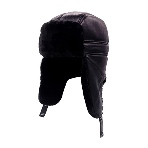 Зимние мужские шапки-бомберы из натуральной кожи, защищающие уши из натуральной овечьей кожи, шапка из натуральной овечьей кожи - Цвет: black
