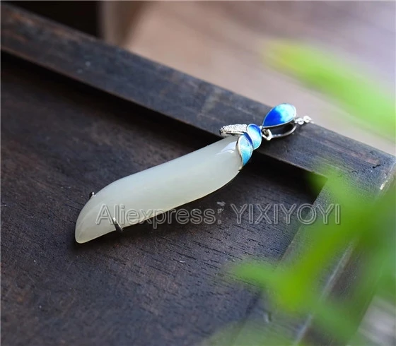 925 Sterling Silver White HeTian Jade Carved Long Salix Leaf Design Lucky Pendant + Chain Necklace Fine Jewelry Charm Gift 925 Sterling Silver White HeTian Jade Carved Long Salix Leaf Design Lucky Pendant + Chain Necklace Fine Jewelry Charm Gift