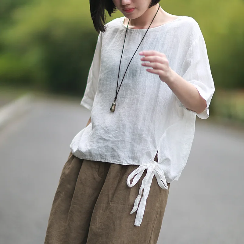 

2019 Spring and Summer Linen Casual Women T-shirts Loose Short-sleeved Cotton Linen T-shirts Short Bow O-Neck T-shirts