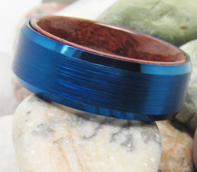 

SHARDON 8mm Tungsten Carbide ring with high polished IP blue plated Engagement ring Wedding band with Koa wood inlaid.
